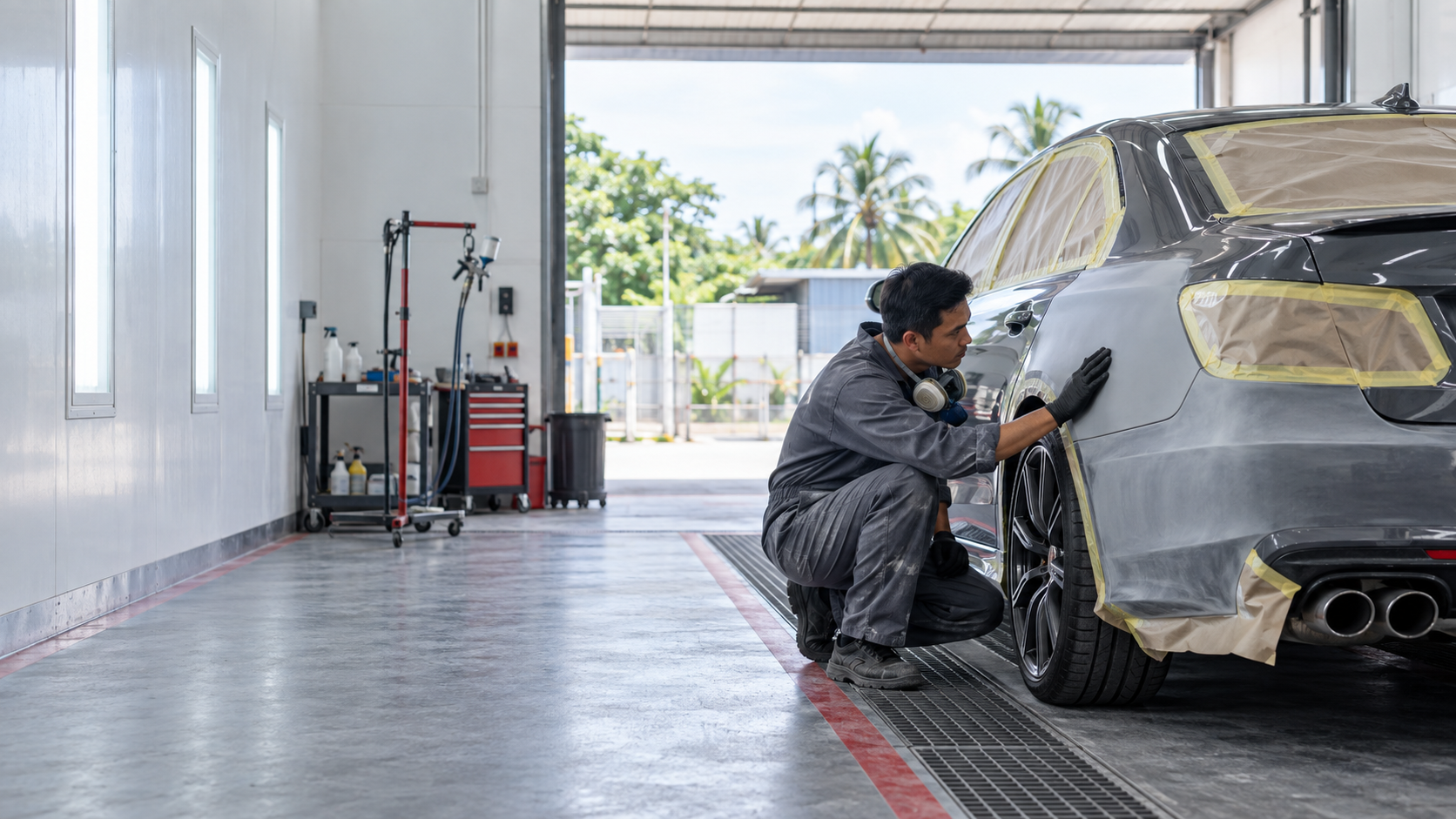 Carart technician preparing a vehicle body panel in a clean refinishing workshop